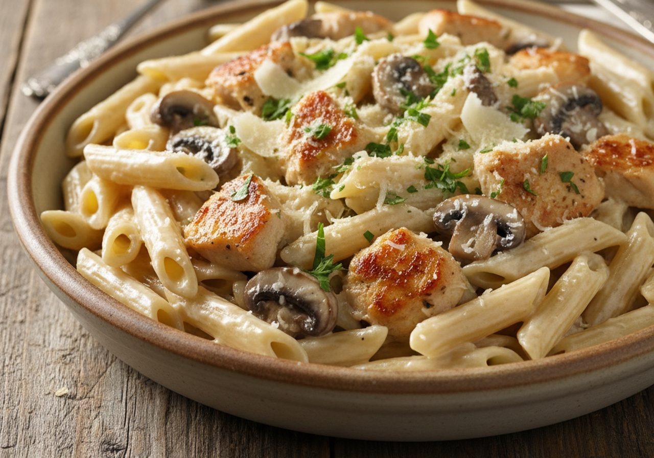 Pasta cremosa de pollo y champiñones