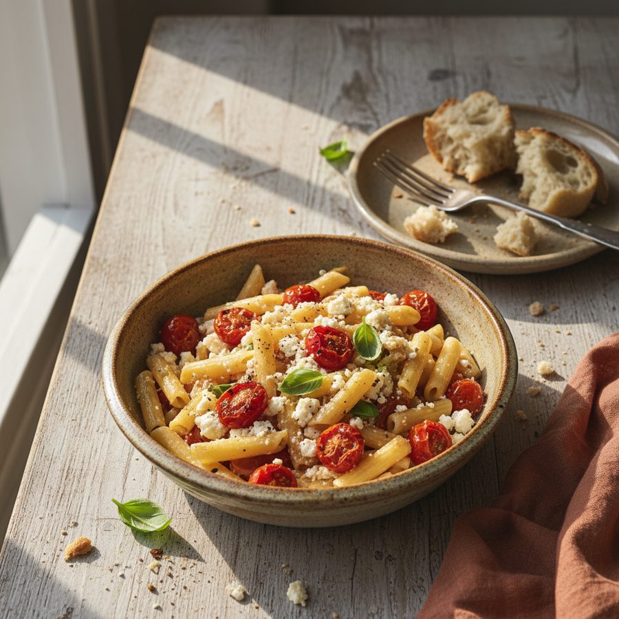 Pasta con queso feta al horno y tomates cherry