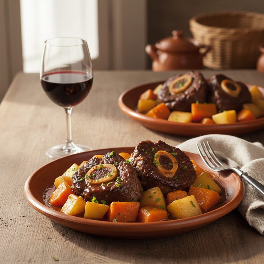 Carrilleras de ternera al vino tinto y verduras