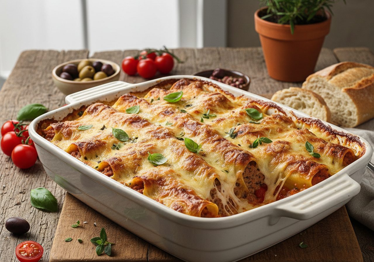 Canelones de carne con bechamel