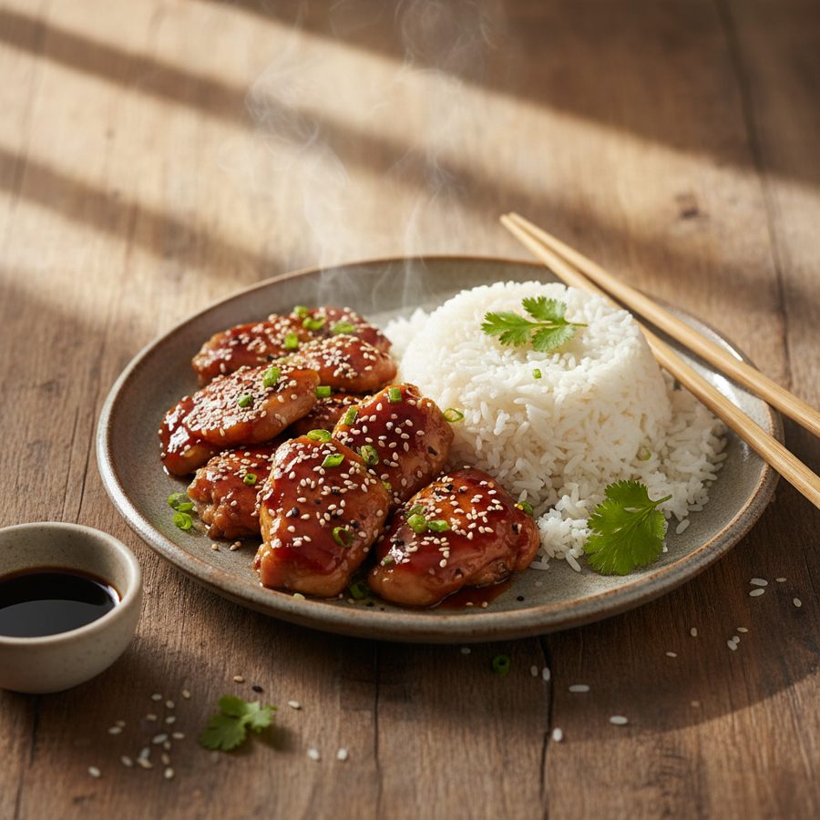 Pollo Teriyaki glaseado con Arroz Jazmín