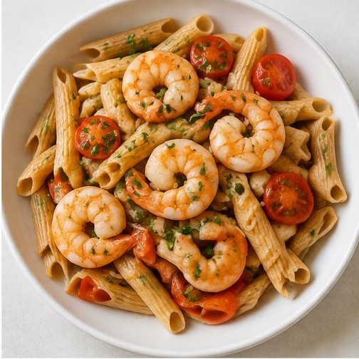 Pasta integral con gambas y tomate