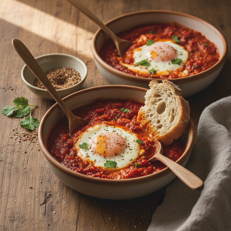 Shakshuka tradicional con huevos y comino