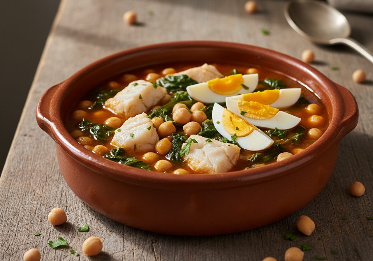 Potaje de vigilia con bacalao y espinacas