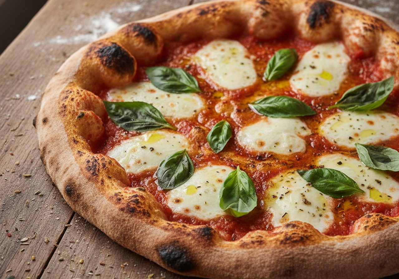 Pizza casera con masa de fermentación lenta recién hecho, servido en la mesa