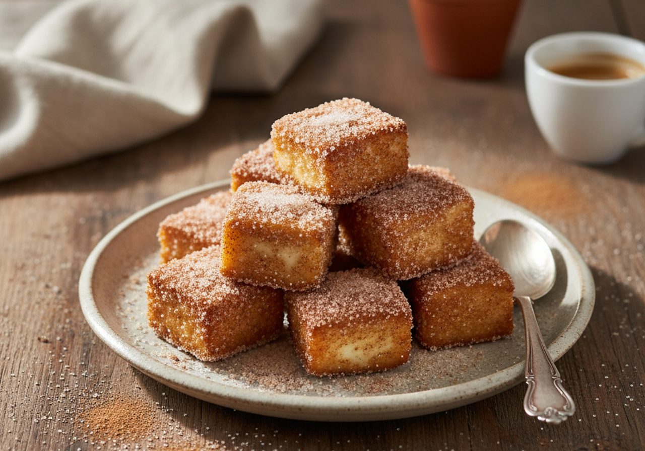 Leche frita tradicional recién hecho, servido en la mesa