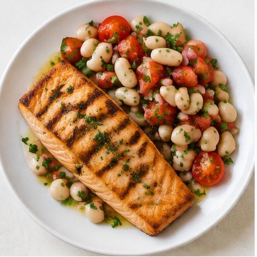 Salmón a la plancha con ensalada de judías