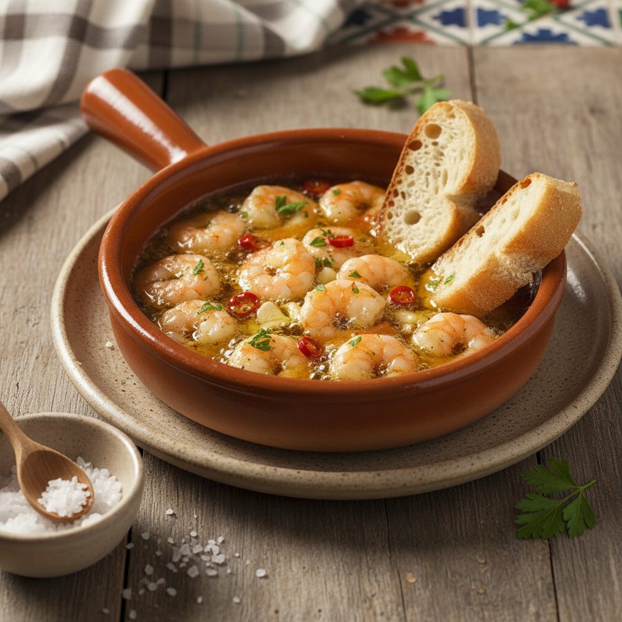 Gambas al ajillo tradicionales en cazuela de barro