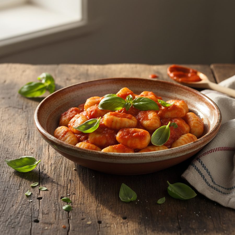 Gnocchi con salsa de tomate casera y albahaca fresca