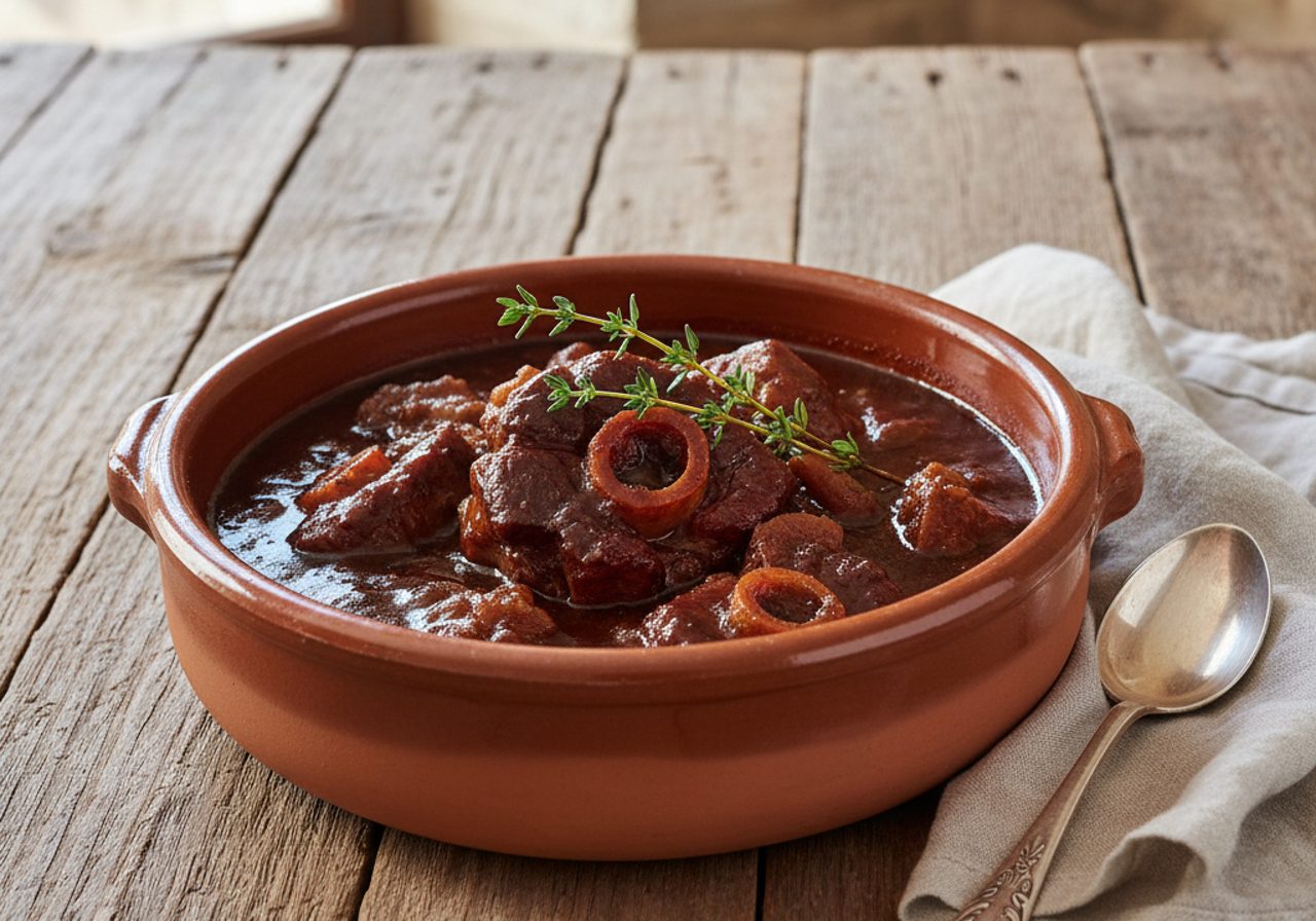 Rabo de toro estofado a la cordobesa recién hecho, servido en la mesa