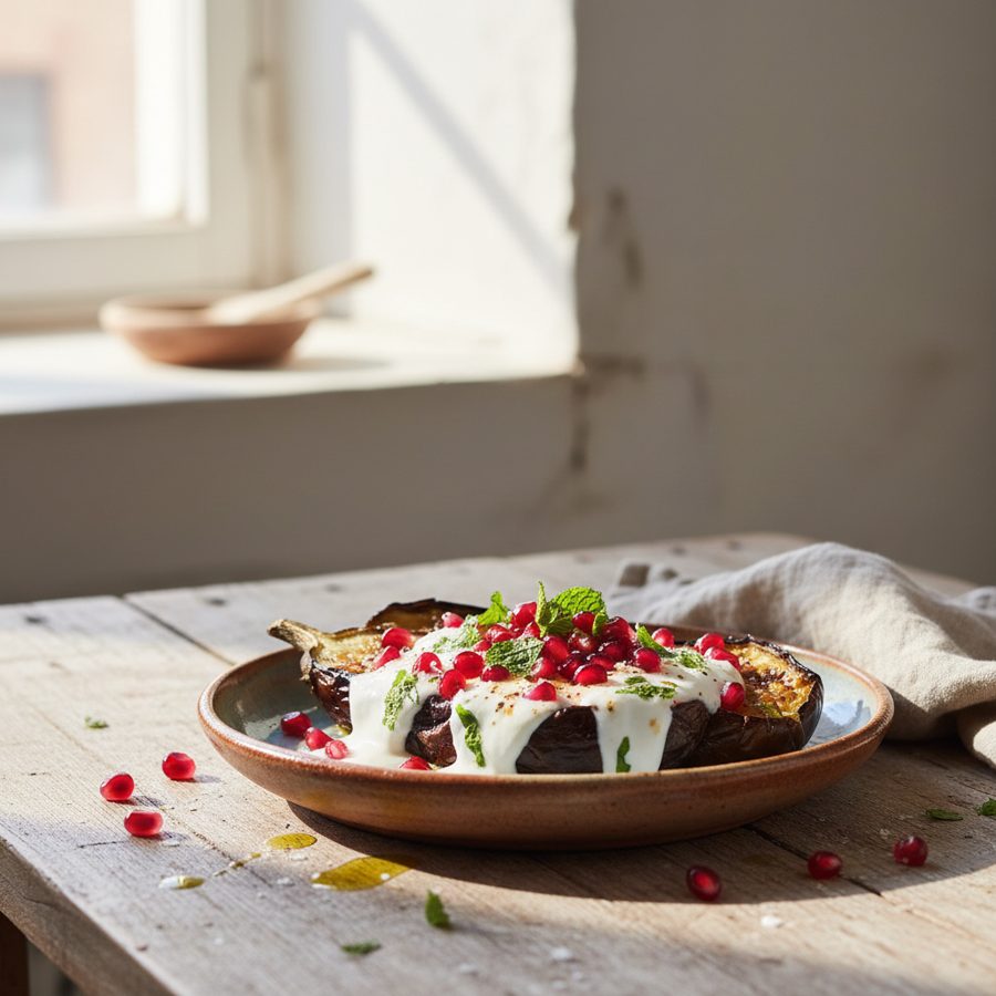 Berenjena asada con salsa de yogur y granada