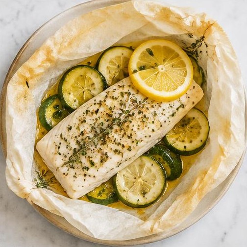 Merluza al papillote con calabacín