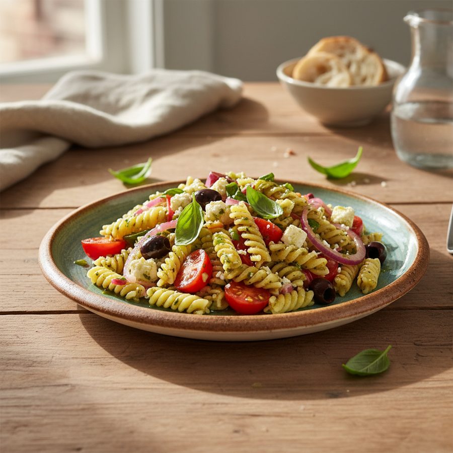 Ensalada de pasta mediterránea con vinagreta de albahaca