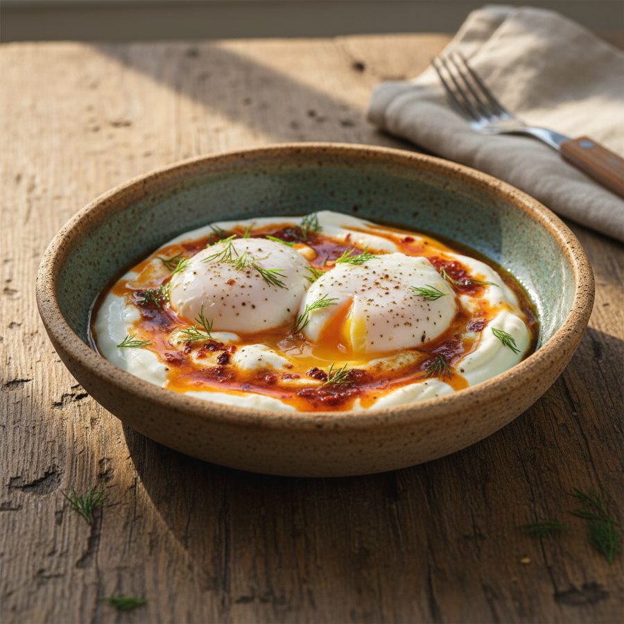 Huevos turcos o Çılbır con base de yogur y mantequilla de pimentón