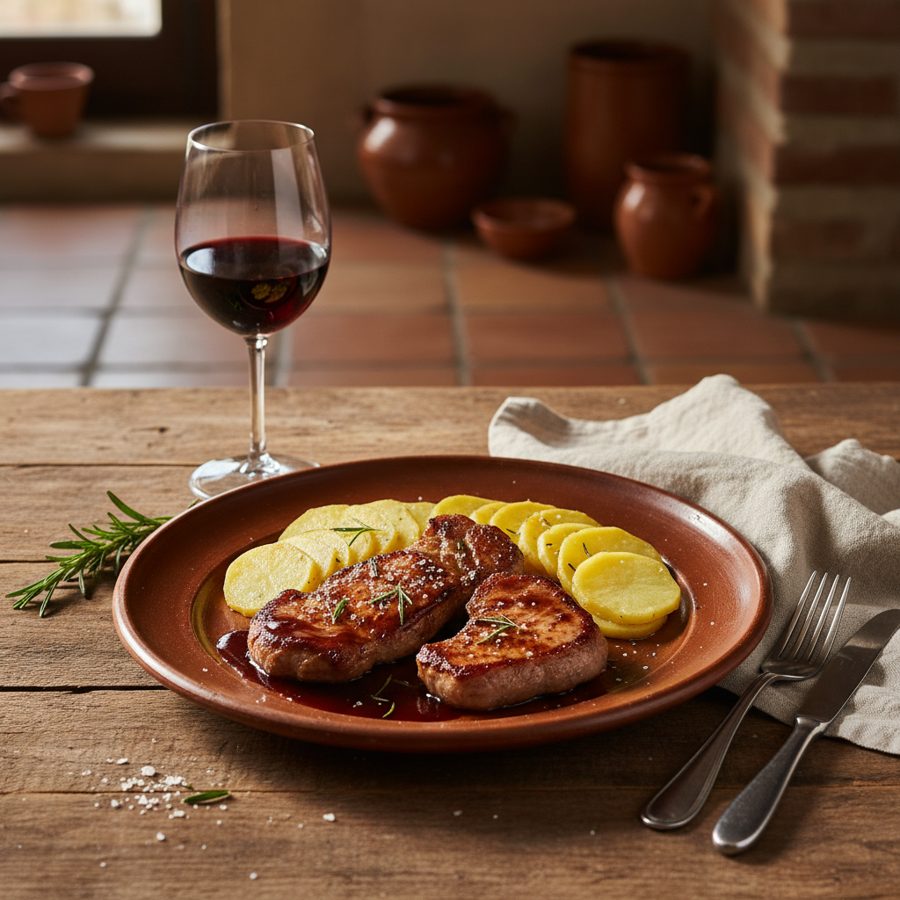 Secreto ibérico con patatas panadera y reducción de Oporto